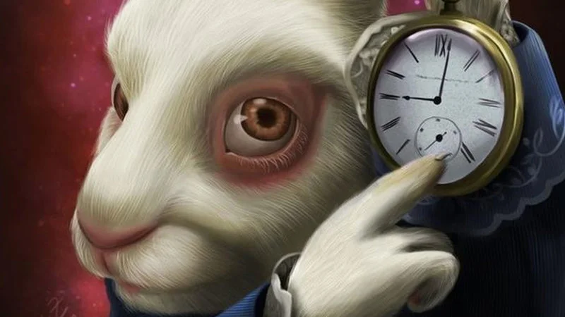 Close-up detail of the rabbit and pocket watch.