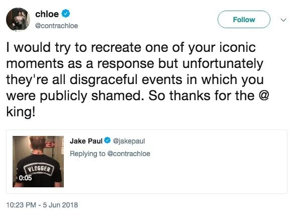 Chloe follows up her callout of Jake Paul with a sarcastic reply mocking his history of publicly shamed moments.