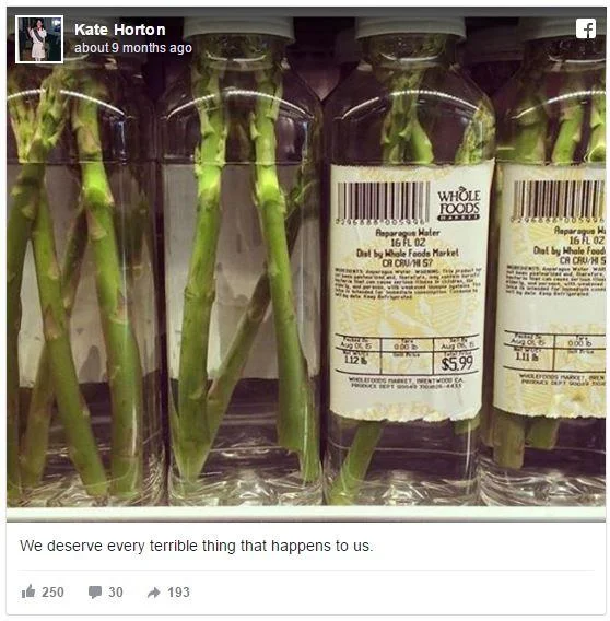 The infamous Whole Foods 'Asparagus Water' - three stalks of asparagus in bottled water for $5.99 - that sparked widespread mockery.