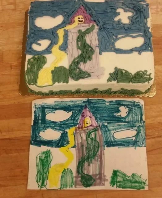 A viral Whole Foods custom cake that faithfully recreated a child's drawing of Rapunzel, becoming a popular meme.