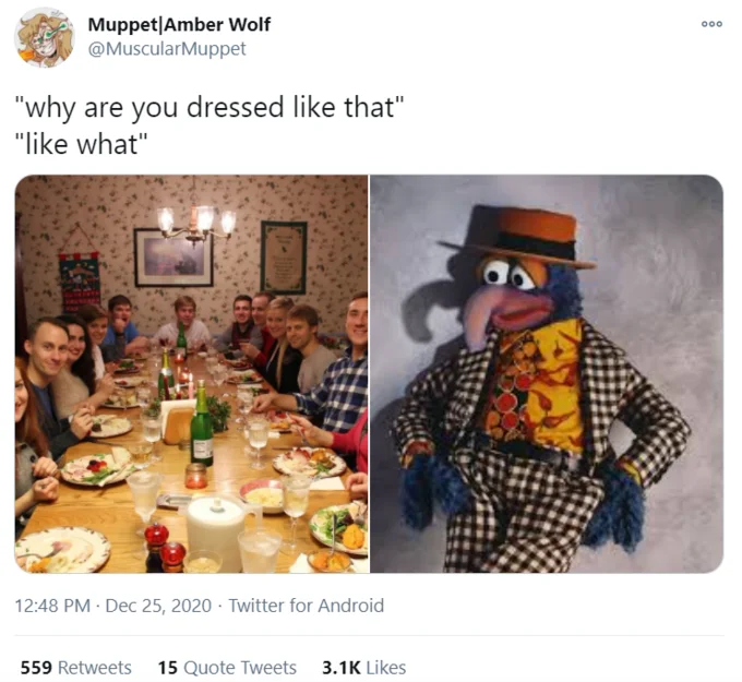 A Muppets-themed variation from @MuscularMuppet featuring Gonzo in an ostentatious checkered suit.