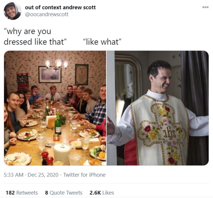 A variation from @oocandrewscott swapping the second panel for Andrew Scott as the Hot Priest from Fleabag.