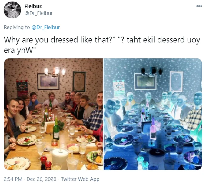 A meta variation from @Dr_Fleibur that mirrors and color-inverts the original family dinner image alongside itself.