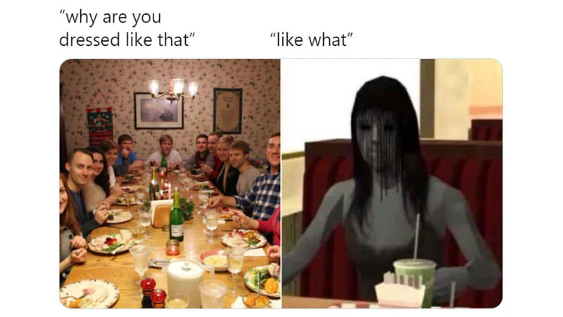 The original 'Why Are You Dressed Like That / Family Dinner' meme template pairing a wholesome family dinner with a bizarre or unsettling image.
