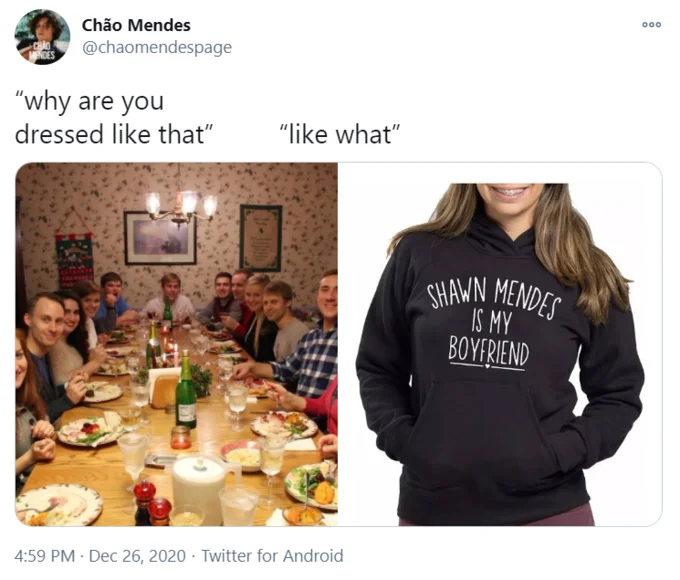 A fan variation from @chaomendespage swapping in a woman wearing a 'Shawn Mendes Is My Boyfriend' hoodie.