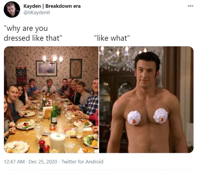 A December 2020 variation posted by @IIKaydenII, swapping the shake figure for a shirtless man in whipped cream pasties.