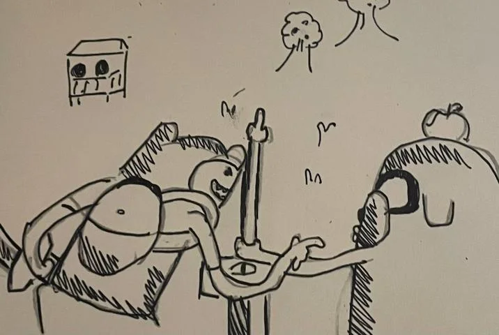 A hand-drawn illustration depicting the 'Why did Jake do that?' moment where Jake screams at the impaled sword.