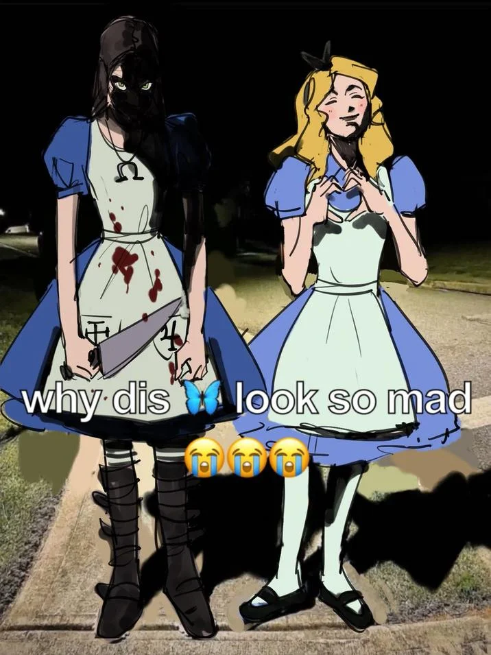 An Alice in Wonderland redraw contrasting the dark American McGee Alice with the classic Disney version.