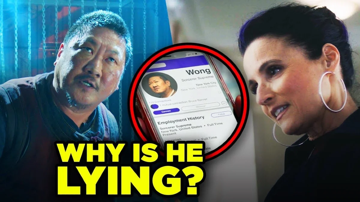 The primary 'Why Is He Lying?' image template, taken from a YouTube thumbnail about the She-Hulk courtroom scene featuring Wong as Sorcerer Supreme.