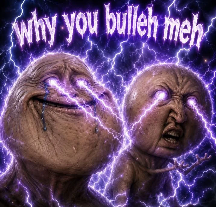 A dramatic title card edit of the 'Why You Bulleh Meh' meme rendered in a stormy lightning aesthetic.