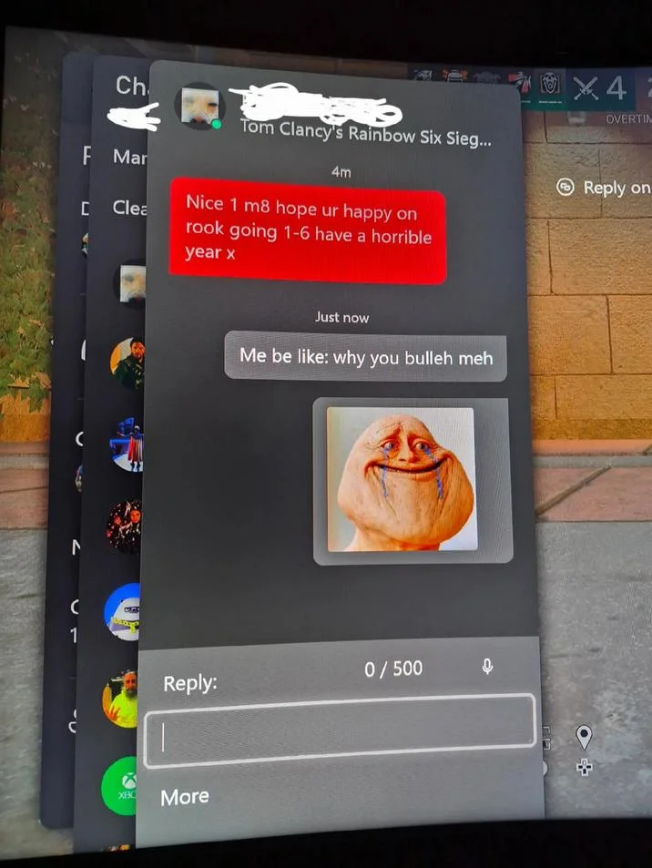 A gamer uses the 'Why You Bulleh Meh' meme to respond to a salty Xbox Live message after a bad match.