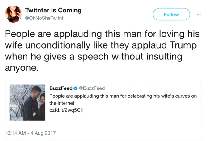 A viral 2017 reaction tweet mocking the low bar celebrated in the original 'Robbie Tripp' wife-guy BuzzFeed article.