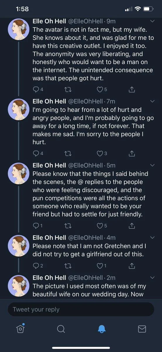 Later tweets from the Elle Oh Hell apology thread, a defining moment in the wife-guy discourse of 2019.