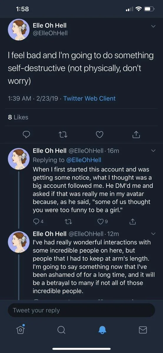 Opening of the Elle Oh Hell thread in which a man confessed he had been running a popular female-presenting Twitter account using his wife's likeness.