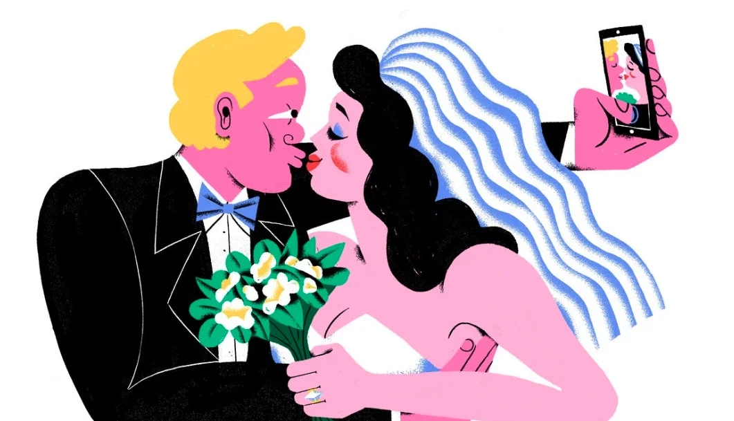 Illustration accompanying commentary on the 'Wife Guys' phenomenon, depicting a husband publicly performing devotion to his wife.