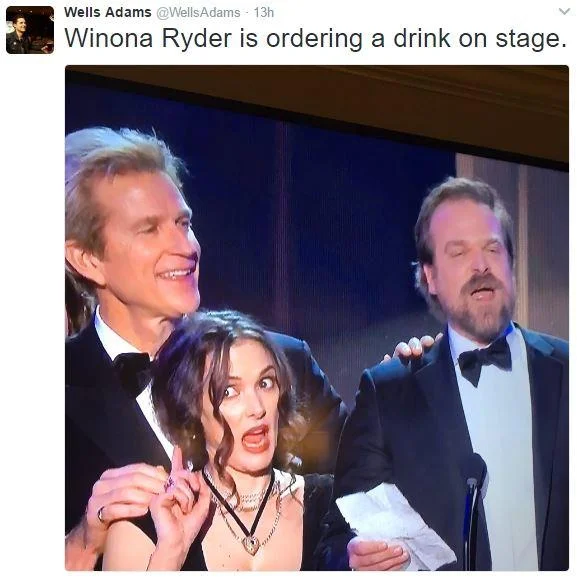 A viral tweet by @WellsAdams joking that Winona Ryder appeared to be ordering a drink on stage during the Stranger Things SAG Awards speech.