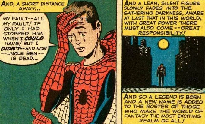 The original 1962 Amazing Fantasy #15 comic panels by Stan Lee and Steve Ditko where the phrase first appeared.