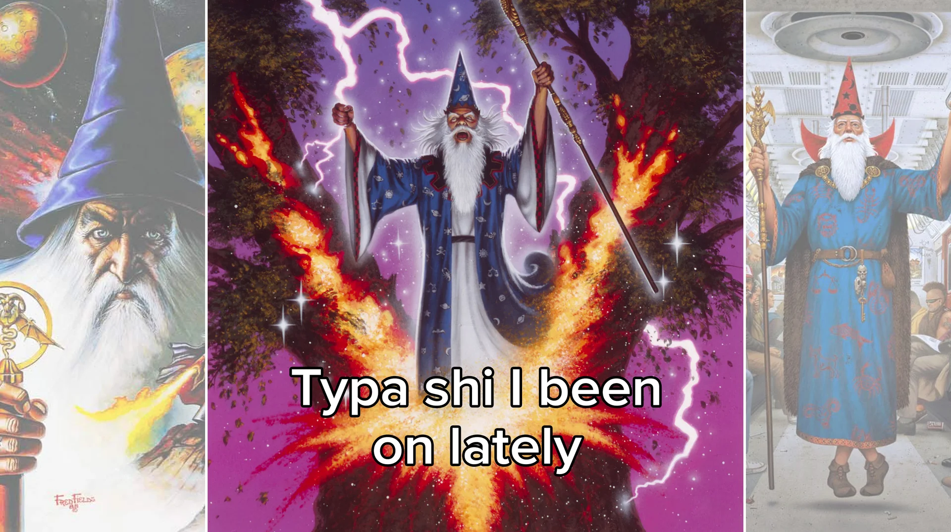 The wizardposting cover collage showcasing classic fantasy wizard artwork paired with slang captions typical of the meme format.