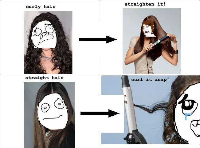 A rage comic illustrating the 'Women Logic' trope of never being satisfied with one's hair.