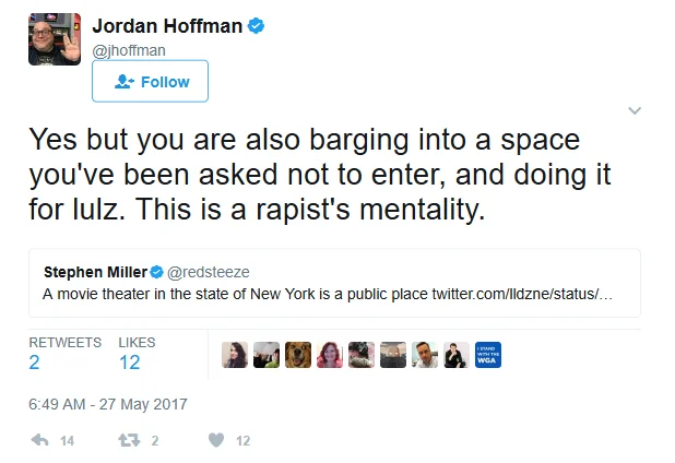 Film critic Jordan Hoffman's controversial tweet comparing men who crashed women-only screenings to 'a rapist's mentality.'
