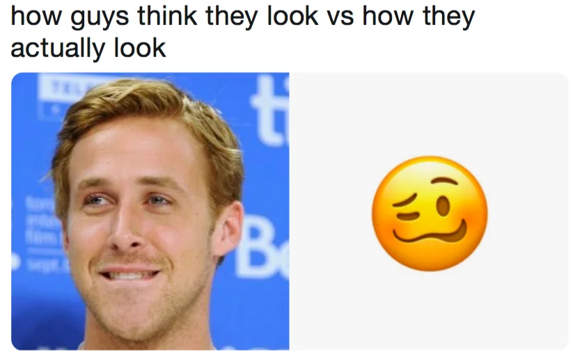 A popular meme format contrasting a Ryan Gosling portrait with the Woozy Face emoji to joke about self-perception.