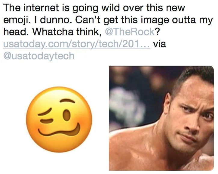 A tweet comparing the Woozy Face emoji's expression to a well-known skeptical face of Dwayne 'The Rock' Johnson.