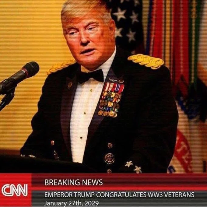 A satirical CNN Breaking News mock-up showing 'Emperor Trump' congratulating World War 3 veterans in 2029.