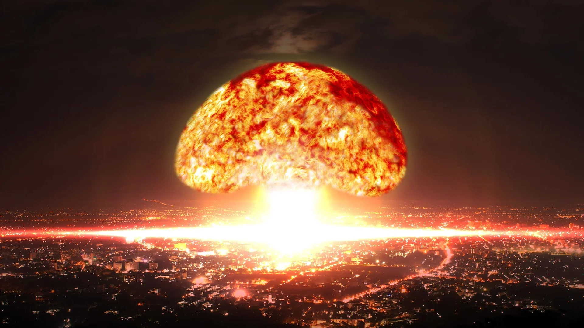 A dramatic depiction of a nuclear explosion over a city, commonly used as the cover image for the World War III meme.