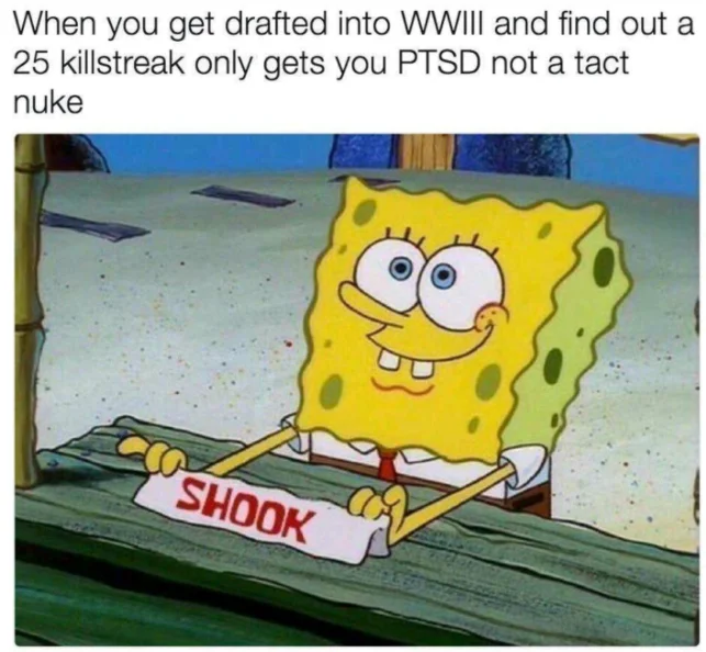 A SpongeBob 'shook' meme referencing Call of Duty tactical nukes in the context of being drafted into World War III.