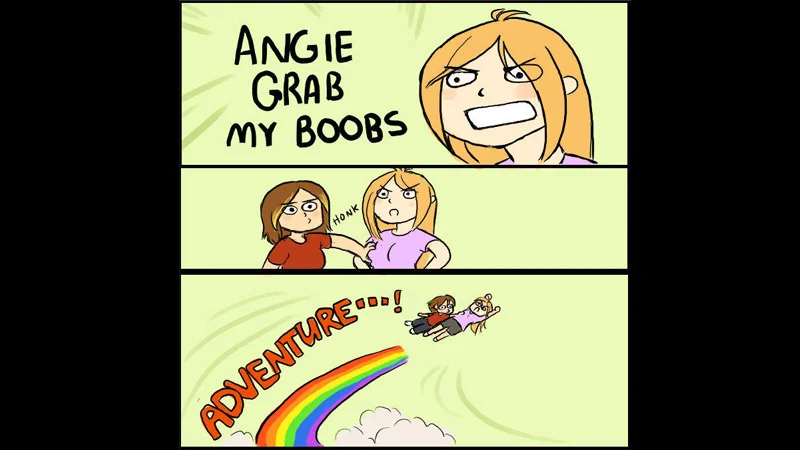 The original 'X, Grab My Y' comic by Kate Beaton-style artist, establishing the three-panel format of command, grab, and rainbow-powered adventure.