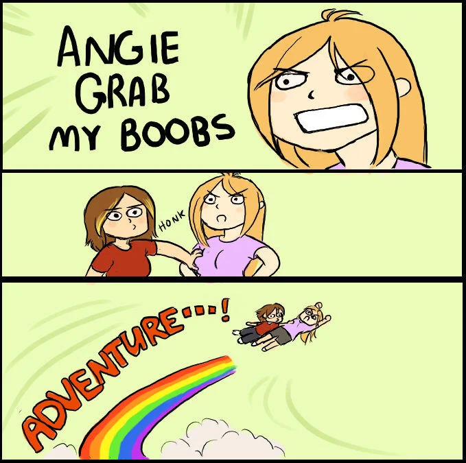 Standard crop of the original 'Angie, Grab My Boobs!' comic that spawned the X-Grab-My-Y meme format.
