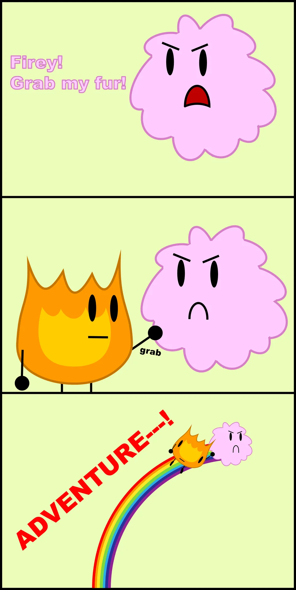 A Battle for Dream Island adaptation of the X-Grab-My-Y comic featuring Firey and Puffball taking off on an 'Adventure!' rainbow.