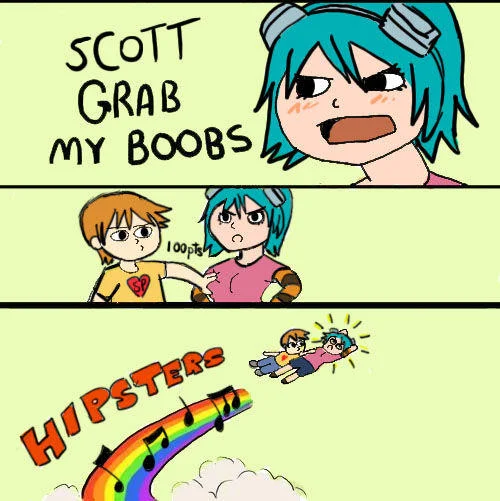 Scott Pilgrim and Ramona Flowers starring in a video-game-themed X-Grab-My-Y variation, soaring away on a note-filled 'Hipsters!' rainbow.