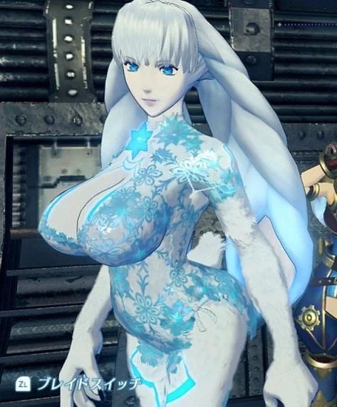 An in-game screenshot of the Blade Tsuki (Dahlia) from Xenoblade Chronicles 2, whose exaggerated bust and revealing outfit sparked the character design controversy.