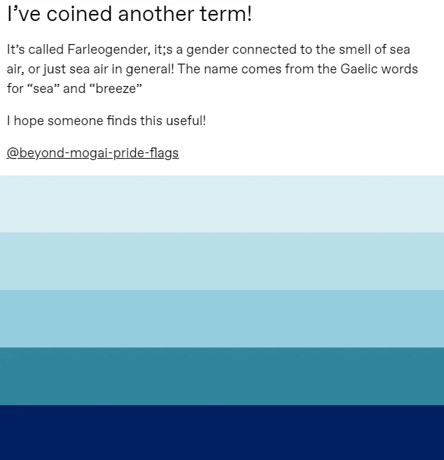 A Tumblr post coining 'Farleogender,' a sea-air-inspired xenogender, illustrating the ongoing creation of new gender terms.