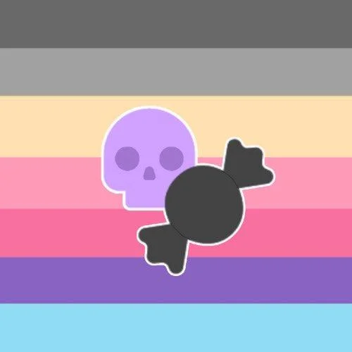 A Halloween-inspired xenogender flag featuring skull and candy imagery, typical of the aesthetic-based xenogenders.