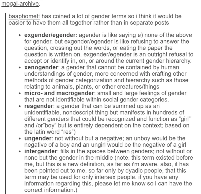 The original mogai-archive Tumblr post by baaphomett coining and defining xenogender alongside other gender terms.