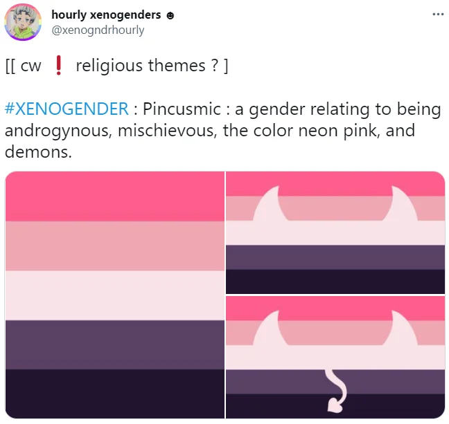 A tweet from the @xenogndrhourly bot describing 'Pincusmic,' one of many niche xenogenders shared online.