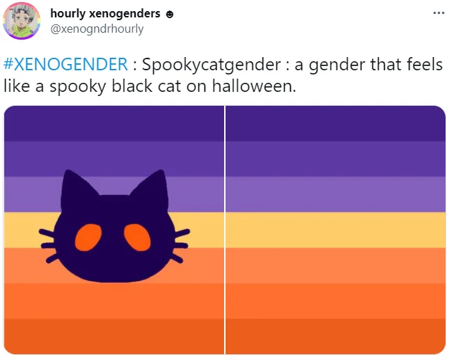 A tweet from the @xenogndrhourly bot presenting 'Spookycatgender,' one of many novel xenogender identities.