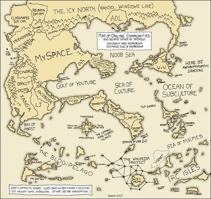 xkcd's famous 'Map of Online Communities' (comic #256) from Spring 2007, charting the sizes of social sites like MySpace, Facebook, and Wikipedia as geographic territories.