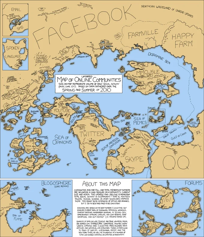 xkcd's 'Updated Map of Online Communities' (comic #802) from 2010, revisiting the earlier 2007 map with Facebook now dominating the landscape.
