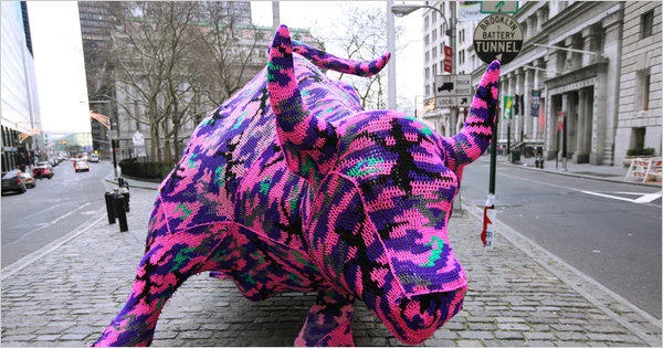Iconic Wall Street bull yarn-bombed.