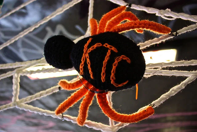 Creative fiber art spider sculpture.