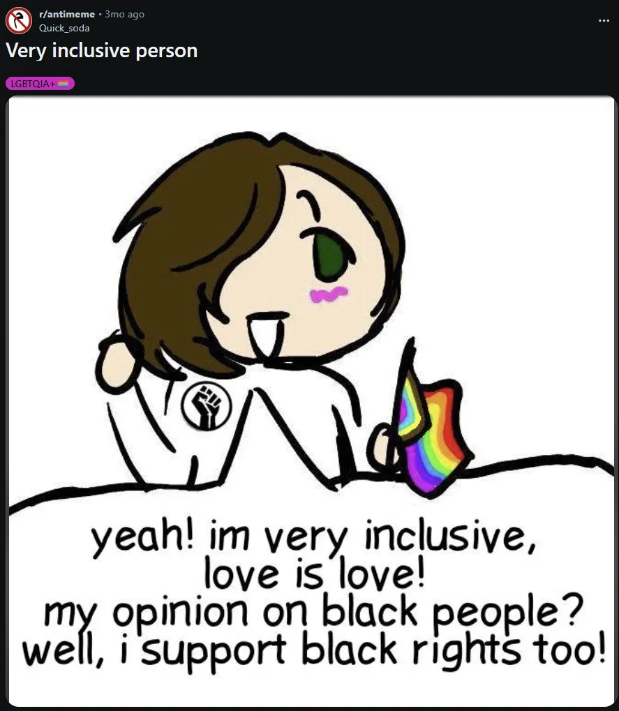 The original-resolution r/antimeme post showcasing the definitive 'very inclusive person' meme.