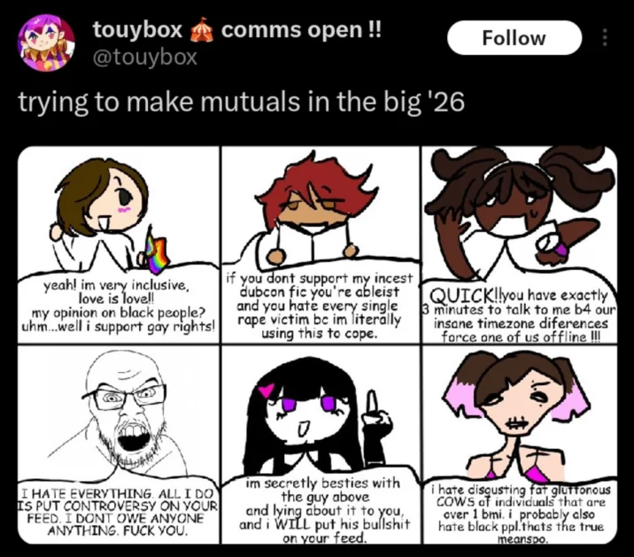 A @touybox tweet places the 'very inclusive' character in a six-panel meme about online personality archetypes.