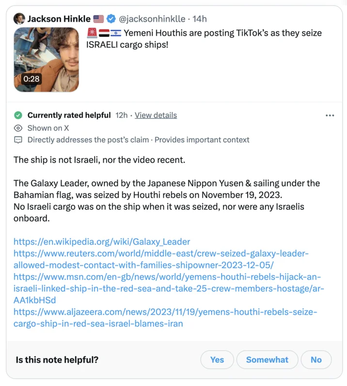 A community note on X providing context that the Galaxy Leader was Japanese-owned, not Israeli.