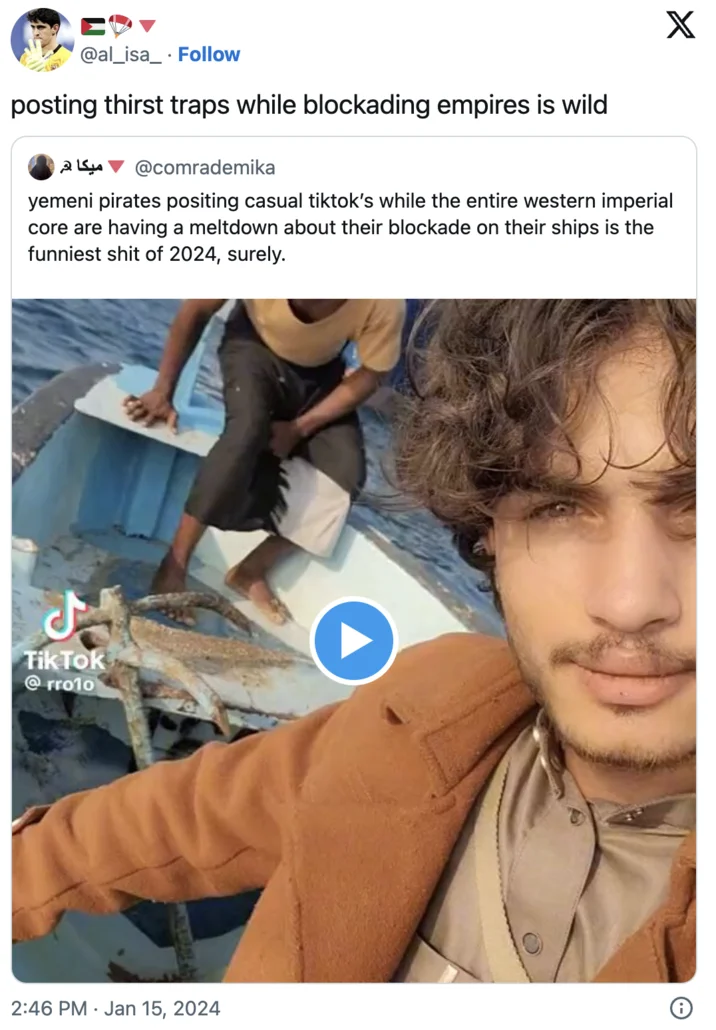 Social media users joked about the juxtaposition of posting attractive selfie videos during a naval blockade.