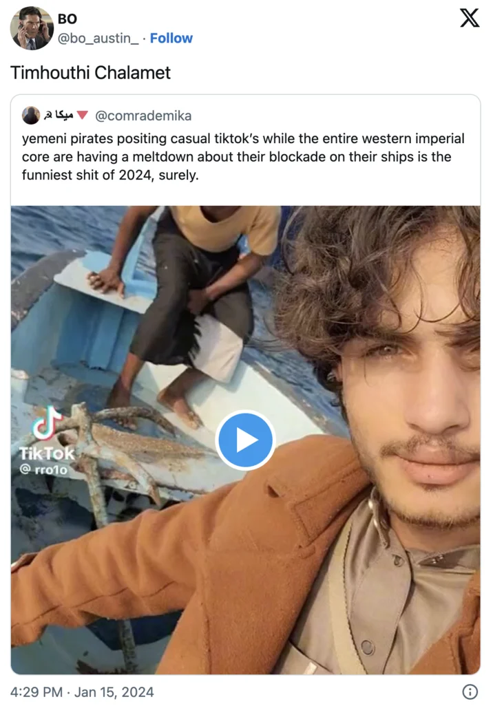 Twitter users dubbed the viral Houthi TikToker 'Timhouthi Chalamet' due to his resemblance to actor Timothée Chalamet.