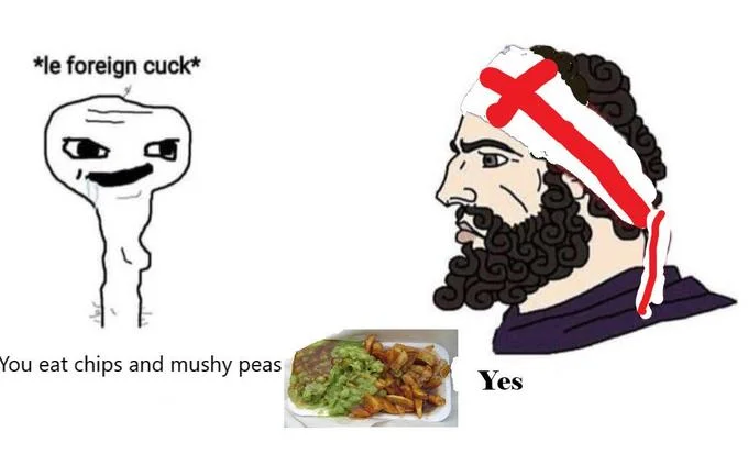 An English variant of the Yes Chad meme celebrating traditional British cuisine against foreign mockery.