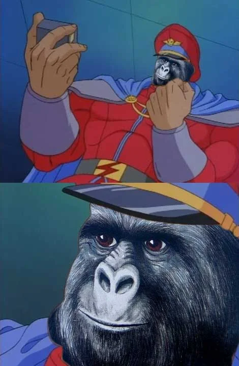 A photoshop variation of the M. Bison 'YES! YES!' panels with a gorilla's face swapped in, exemplifying the meme's remix tradition.
